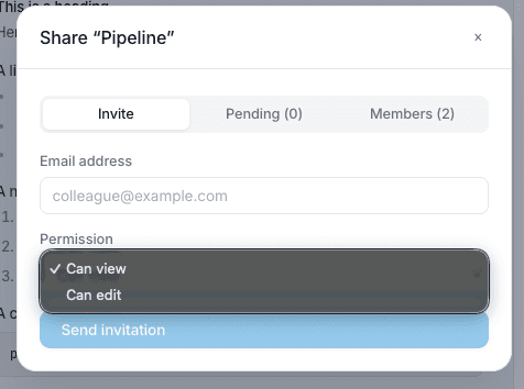 Share dialog with email field, permission selector, and Send invitation button