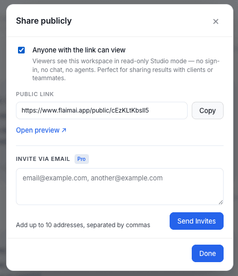 Share publicly dialog with public link enabled and copy button